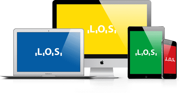 Eine Fotomontage von meheren Apple Geräten die das L.O.S. Logo auf dem Bildschirm anzeigen